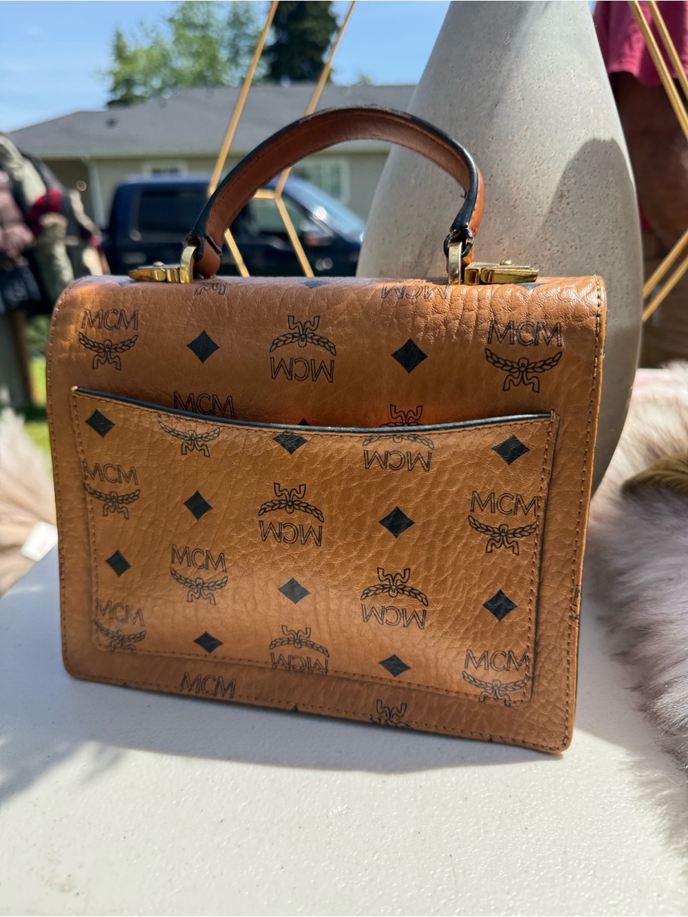 MCM Tan Visetos Top Handle Satchel with Gold Hardware (no strap). - Picture 7 of 7